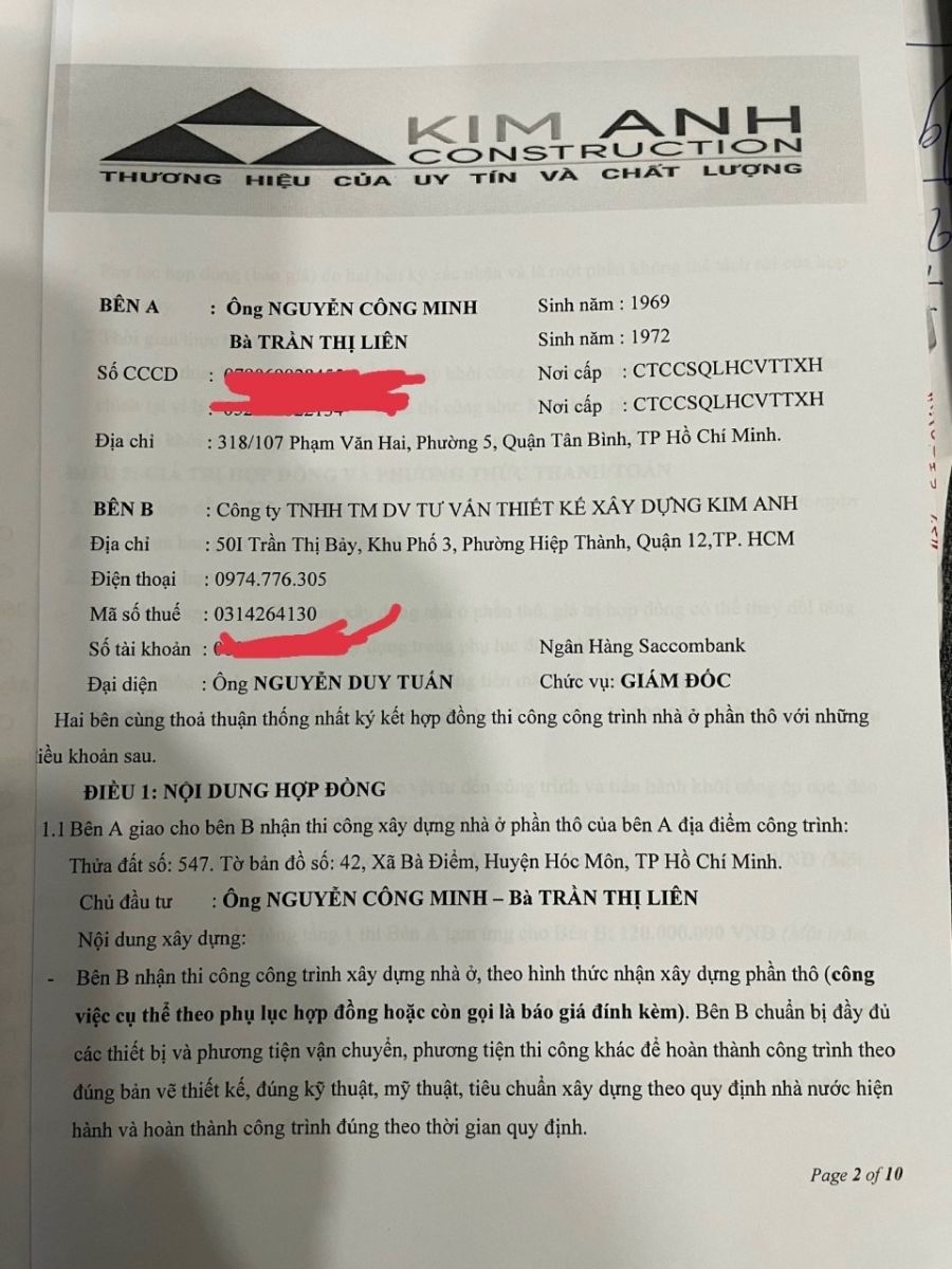 Hợp đồng thi công xây dựng giữa 2 bên