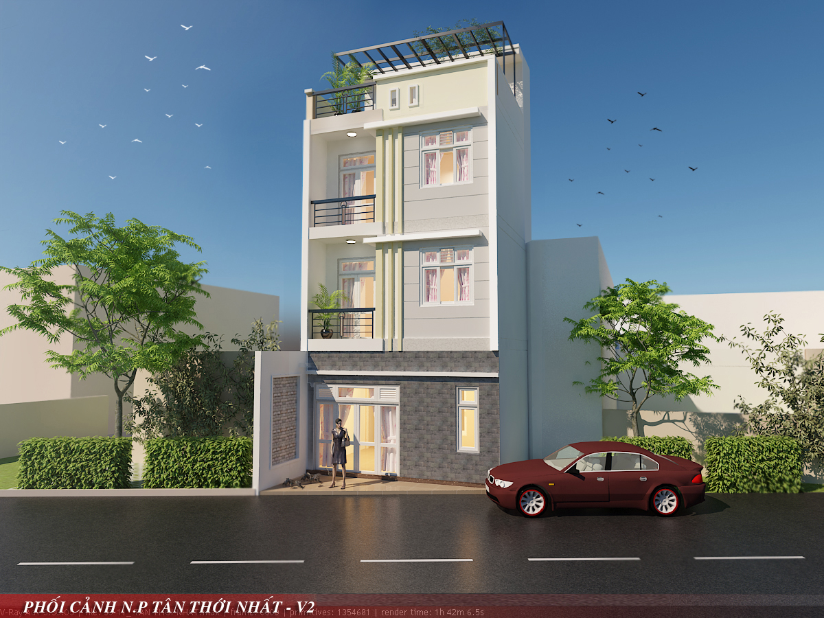 Phối cảnh mặt tiền nhà phố 1 trệt 2 lầu hiện đại tại P. Tân Thới Nhất, Quận 12