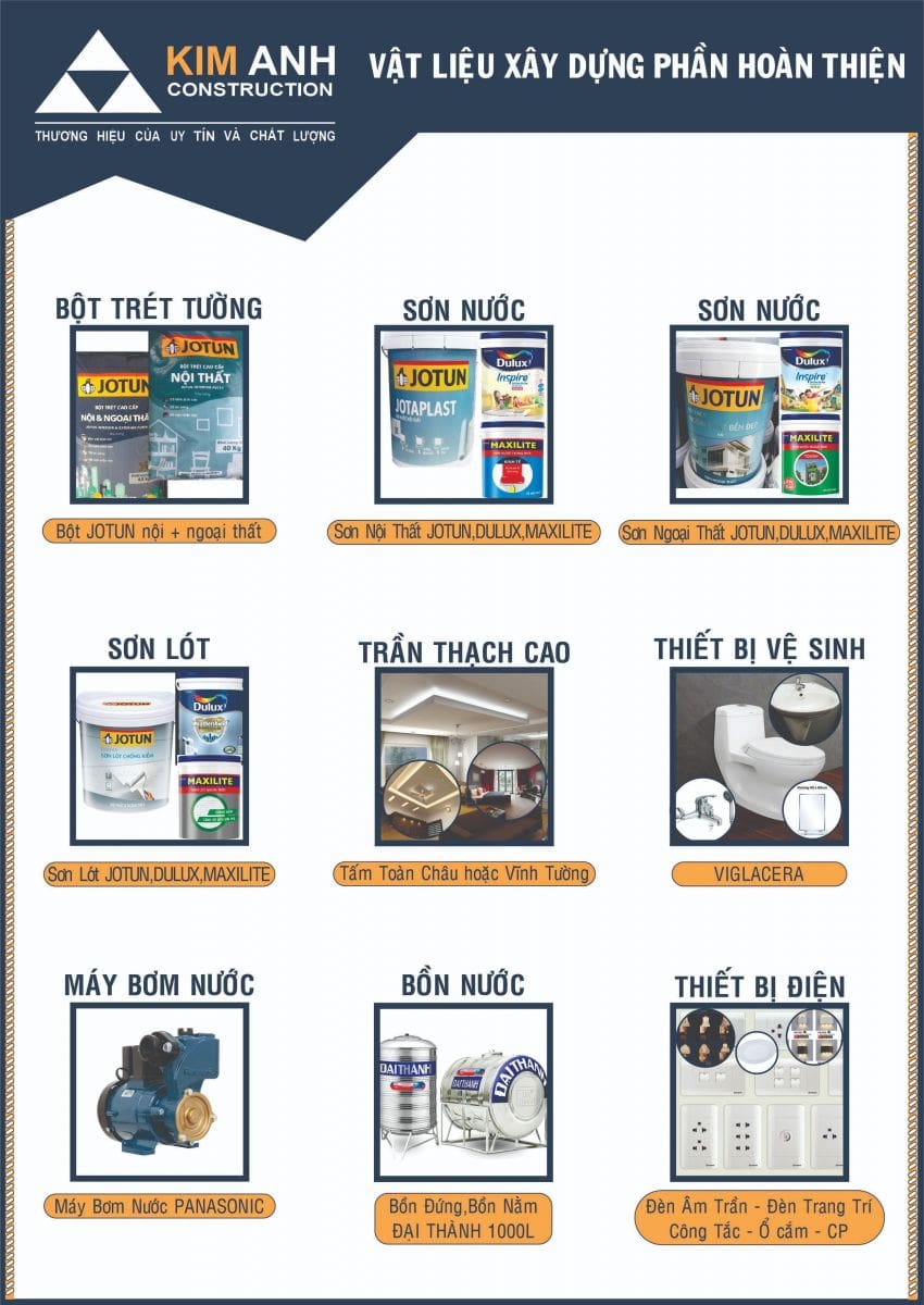 bảng vật tư chi tiết cho các gói