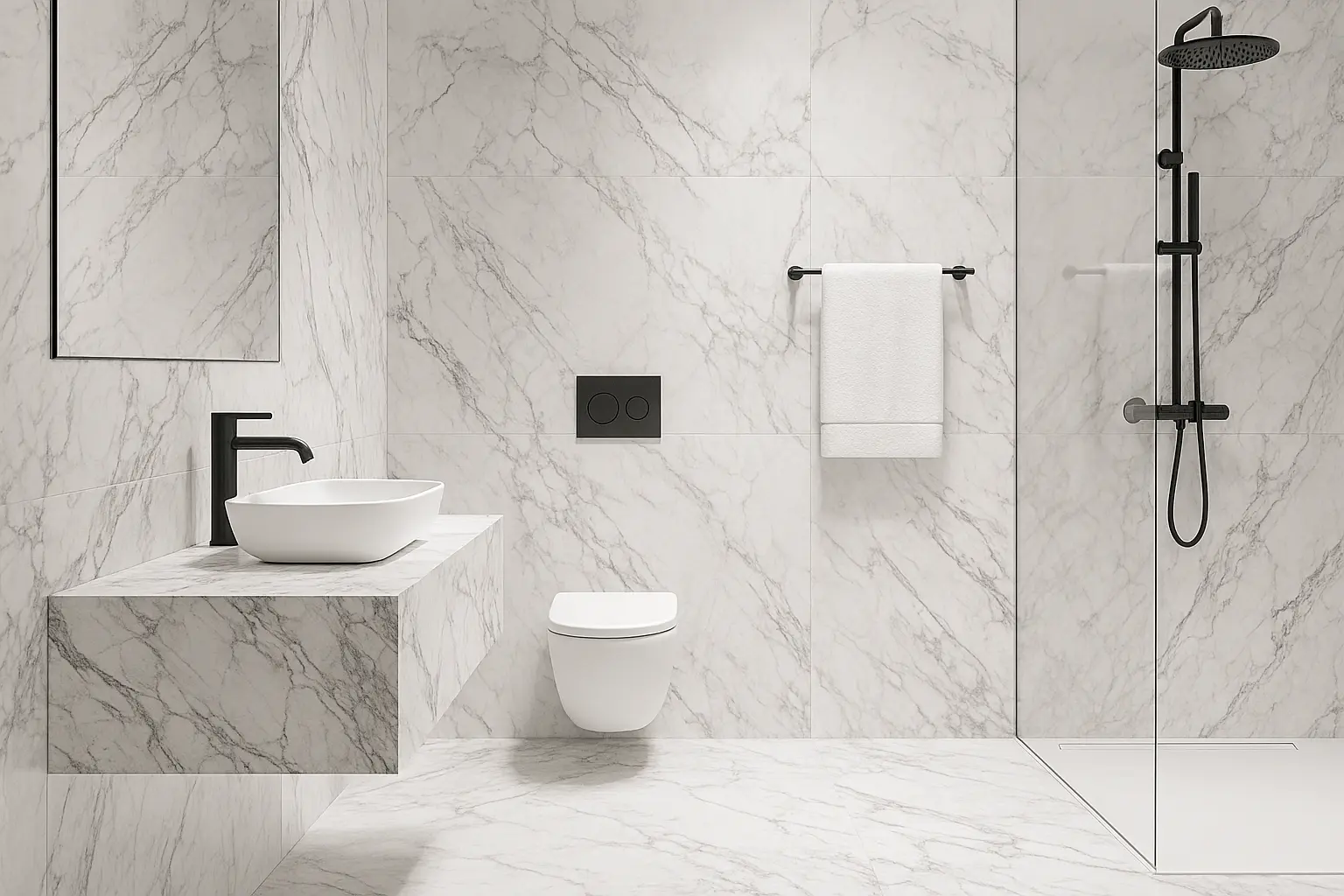 Nhà vệ sinh ốp gạch vân đá marble, sen cây và vòi nước màu đen