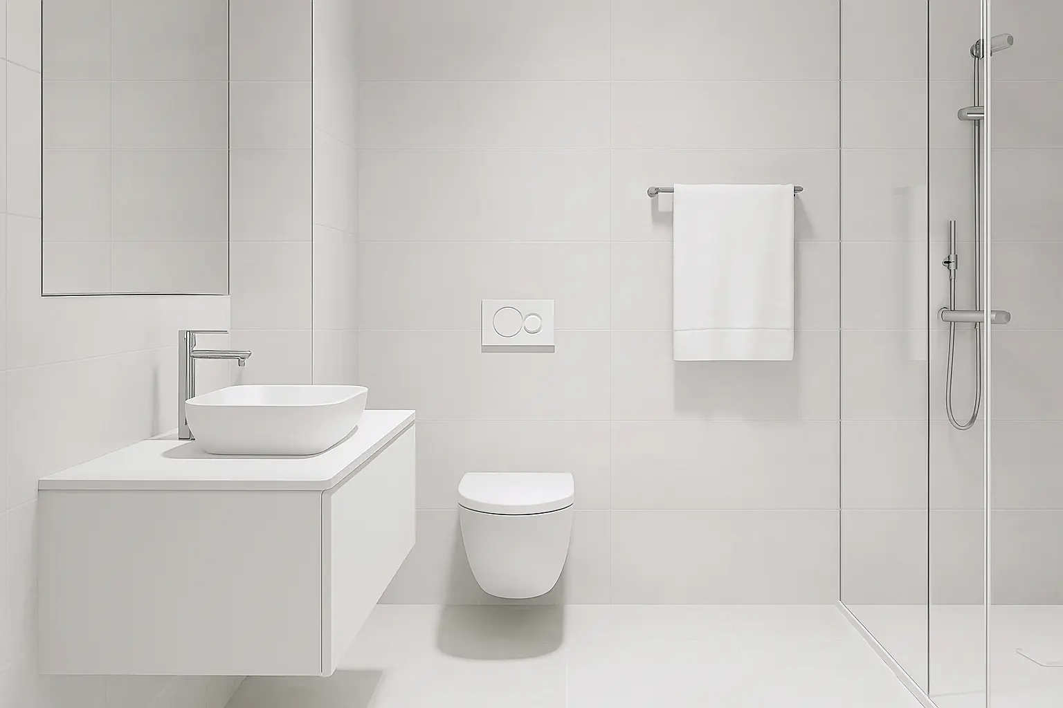 Nhà vệ sinh phong cách tối giản với tông màu xám trắng, thiết bị treo tường
