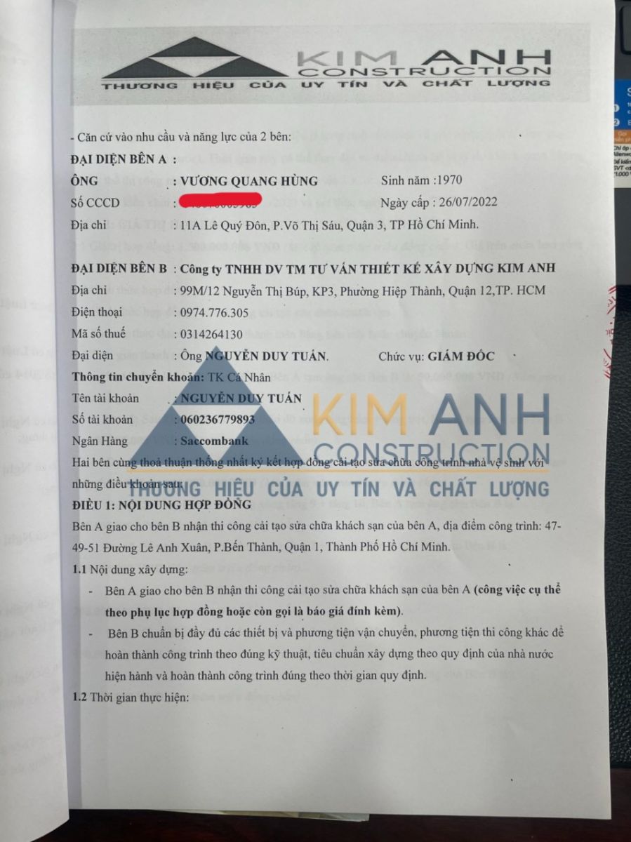 Hợp đồng thi công sửa chữa khách sạn trọn gói