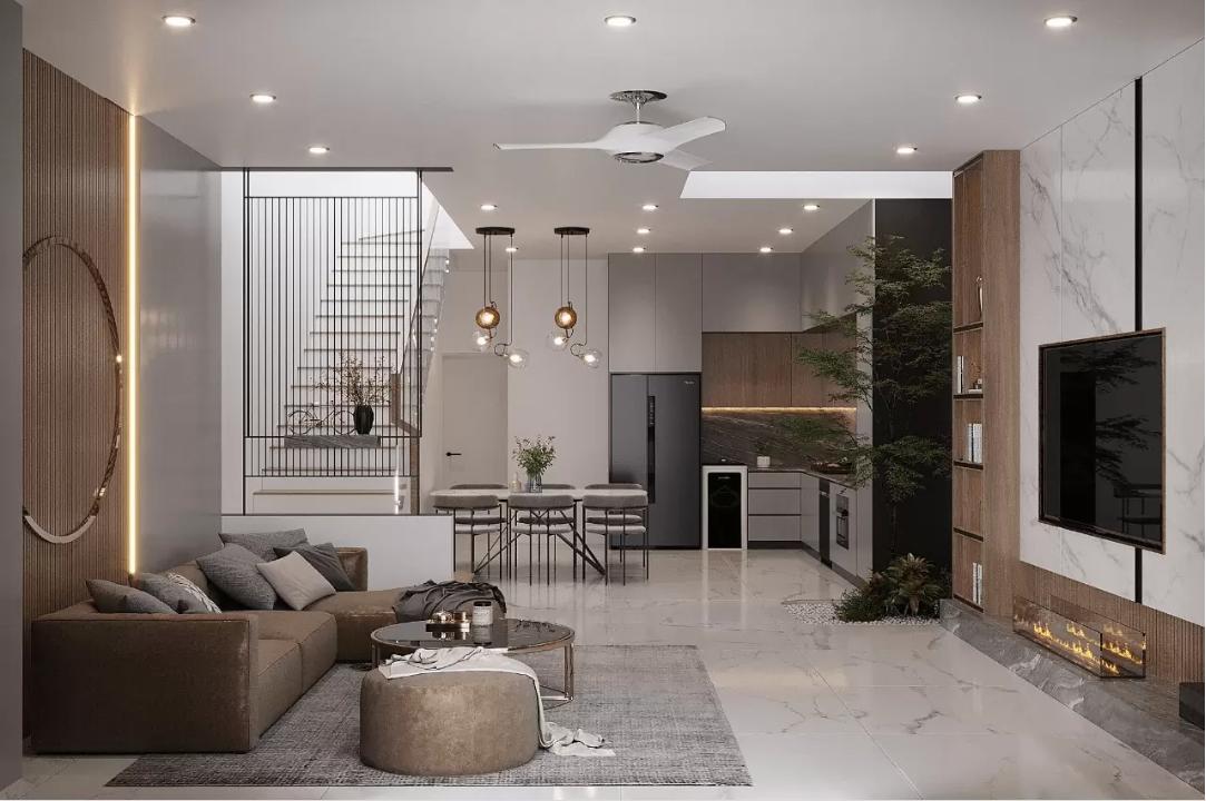 Trần phẳng thạch cao trong phòng khách hiện đại