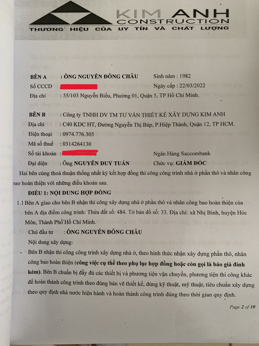 Hợp đồng thi công xây nhà phần thô Hóc Môn - Xây Dựng Kim Anh