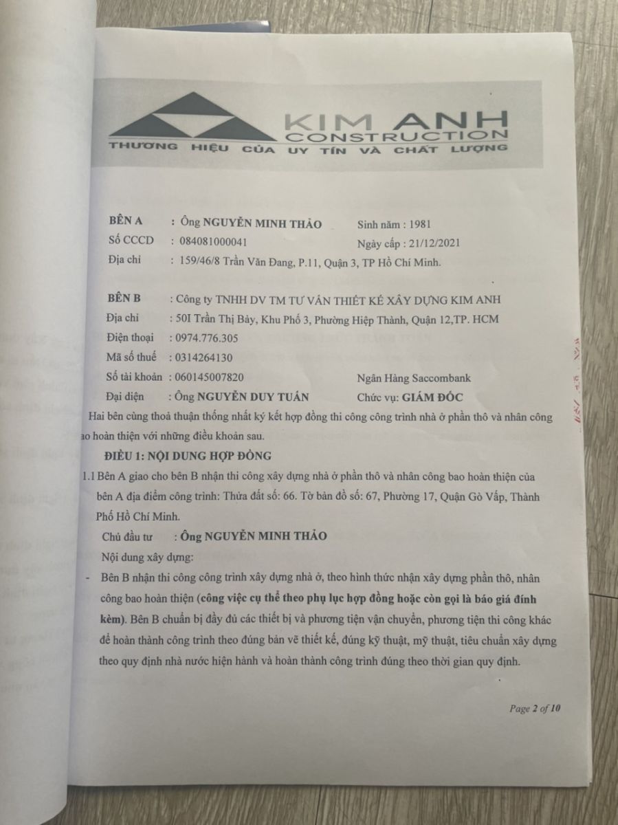 Hợp đồng thi công phần thô và nhân công hoàn thiện Gò Vấp - Xây Dựng Kim Anh