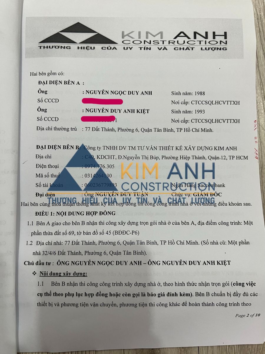 Hợp đồng xây nhà trọn gói Quận Tân Bình - Xây Dựng Kim Anh